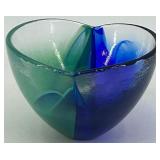 Art Glass Bowl with Blue and Green Swirl Design, signed by artist