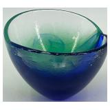 Art Glass Bowl with Blue and Green Swirl Design, signed by artist