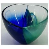 Art Glass Bowl with Blue and Green Swirl Design, signed by artist