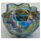 Iridescent Artisan Art Glass Bowl with Ruffled Edge