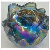 Iridescent Artisan Art Glass Bowl with Ruffled Edge