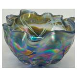Iridescent Artisan Art Glass Bowl with Ruffled Edge