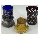 Set of 3 Vintage Hand-Crafted Glass Vessels with Floral & Geometric Designs