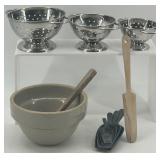 Miniature set of 3 Stainless Steel Colanders and Ceramic Mixing Bowl with Utensils
