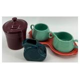 5 piece assorted Fiestaware set including creamer and sugar with tray, small jar and pitcher