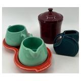 5 piece assorted Fiestaware set including creamer and sugar with tray, small jar and pitcher