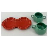 5 piece assorted Fiestaware set including creamer and sugar with tray, small jar and pitcher