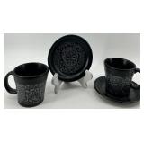 Set of 2 Fiestaware Skull and Vine Design Mugs and Saucers