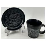Set of 2 Fiestaware Skull and Vine Design Mugs and Saucers