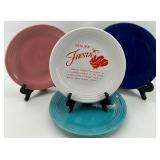 Set of 4 Genuine Fiestaware Dinner Plates in Assorted Colors, including Fiestaware dancing lady dealer plate