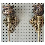 Pair of Ornate Gold Brass Wall Sconces with Mosaic Glass Shades