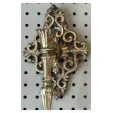 Pair of Ornate Gold Brass Wall Sconces with Mosaic Glass Shades