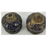 Pair of Ornate Gold Brass Wall Sconces with Mosaic Glass Shades