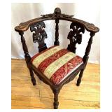 Antique Carved Wood Corner Chair with Decorative Upholstered Seat