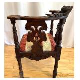 Antique Carved Wood Corner Chair with Decorative Upholstered Seat
