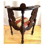 Antique Carved Wood Corner Chair with Decorative Upholstered Seat