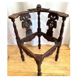 Antique Carved Wood Corner Chair with Decorative Upholstered Seat