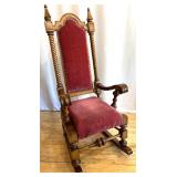 Antique Wooden Rocking Chair with Red Upholstered Cushion