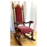 Antique Wooden Rocking Chair with Red Upholstered Cushion