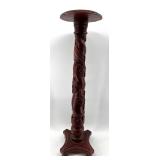 Vintage Carved Wood Plant Stand with Detailed Leaf Motif