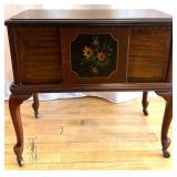 Vintage Wooden Sewing Box on Casters with Floral Inlay
