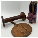 Antique Wooden Textile Spools and Oval Hand MirrorÂ 