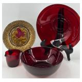 Retro Glass Collection with Ruby Red Bowl and Plate, including Goofus plate