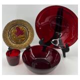 Retro Glass Collection with Ruby Red Bowl and Plate, including Goofus plate