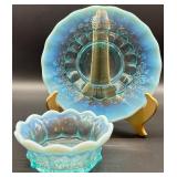 Fenton Ice Blue Glass Plate and Bowl Set with Grape Motif