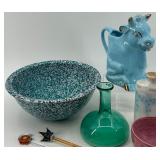 Collection of Vintage Ceramic and Glassware Including Blue Bull Pitcher