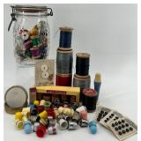 Vintage Sewing Collection with Spools, Thimbles, and Buttons