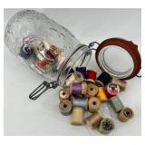 Vintage Sewing Collection with Spools, Thimbles, and Buttons
