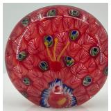 Art Glass Millefiori Peacock Paperweight with Vibrant Red and Blue Design