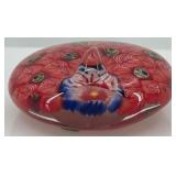 Art Glass Millefiori Peacock Paperweight with Vibrant Red and Blue Design