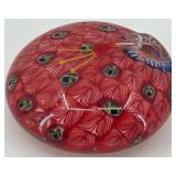 Art Glass Millefiori Peacock Paperweight with Vibrant Red and Blue Design