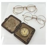 Set of 2 Vintage Eyeglasses with Folding Travel Clock