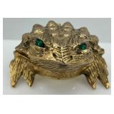 Vintage Linden Frog Shaped Brass Clock with Emerald Eyes