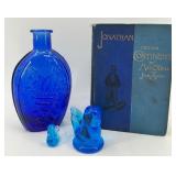 Vintage Cobalt Blue Glass Flask with Blue Bird Art Glass Figurines and Book