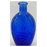 Vintage Cobalt Blue Glass Flask with Blue Bird Art Glass Figurines and Book