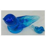 Vintage Cobalt Blue Glass Flask with Blue Bird Art Glass Figurines and Book