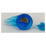 Vintage Cobalt Blue Glass Flask with Blue Bird Art Glass Figurines and Book