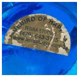 Vintage Cobalt Blue Glass Flask with Blue Bird Art Glass Figurines and Book