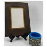 Vintage Decorative Picture Frame and Blue Glass Candle Holder