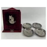 Set of 4 Silver Coasters with Spartan Motif and Velvet Case
