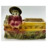 Set of 3 Vintage Ceramic Planters: Boy on Fence, Parrots, and Spinning Wheel