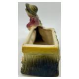 Set of 3 Vintage Ceramic Planters: Boy on Fence, Parrots, and Spinning Wheel