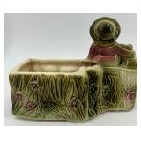 Set of 3 Vintage Ceramic Planters: Boy on Fence, Parrots, and Spinning Wheel