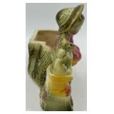 Set of 3 Vintage Ceramic Planters: Boy on Fence, Parrots, and Spinning Wheel