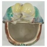 Set of 3 Vintage Ceramic Planters: Boy on Fence, Parrots, and Spinning Wheel