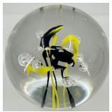 Artisan Glass Paperweight with Yellow and Black Abstract Design
